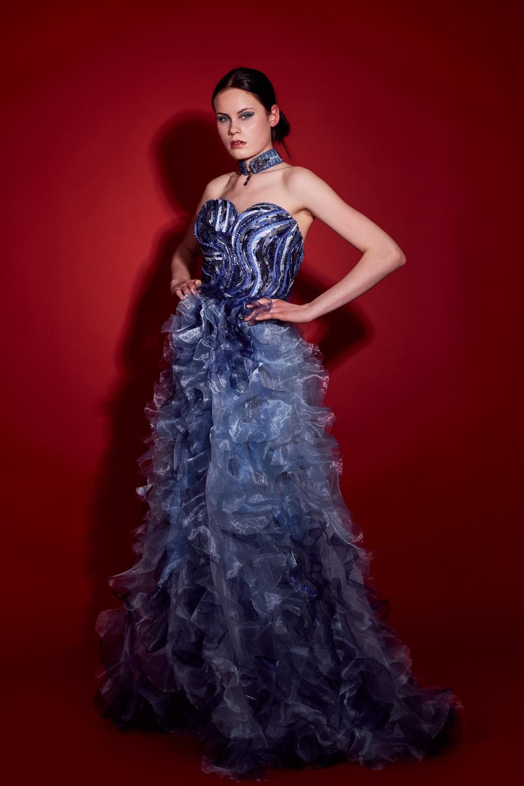 Handmade designer gown created from recycled textiles for fashion editorial