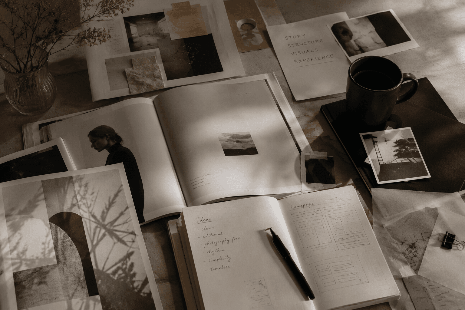 Creative editorial workspace representing design thinking and portfolio development
